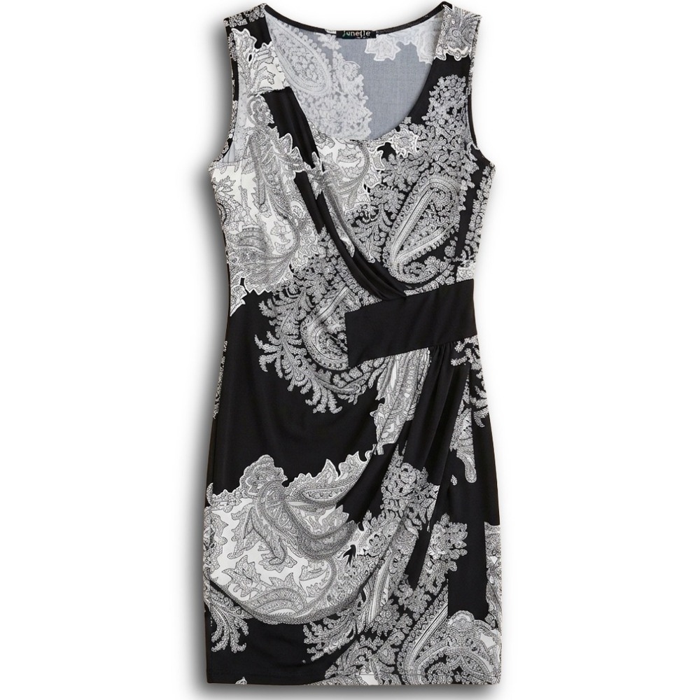 Janette Womens Paisley Faux Wrap Draped Sheath Dress Made in USA Black White S